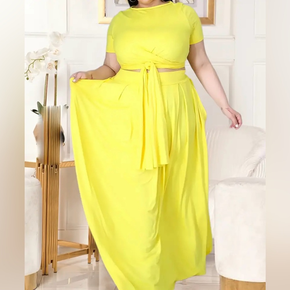 Plus Size Women's Plus Plain Short Sleeve Crop Top Side Knot & Maxi Skirt - Picture 13 of 13